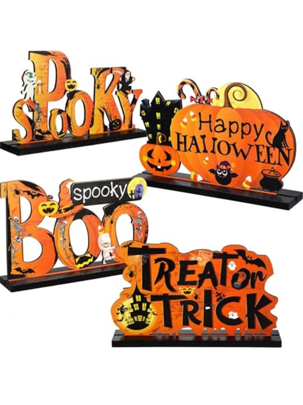 4 Pcs Halloween Decor Indoor Wood Table Sign, Spooky
